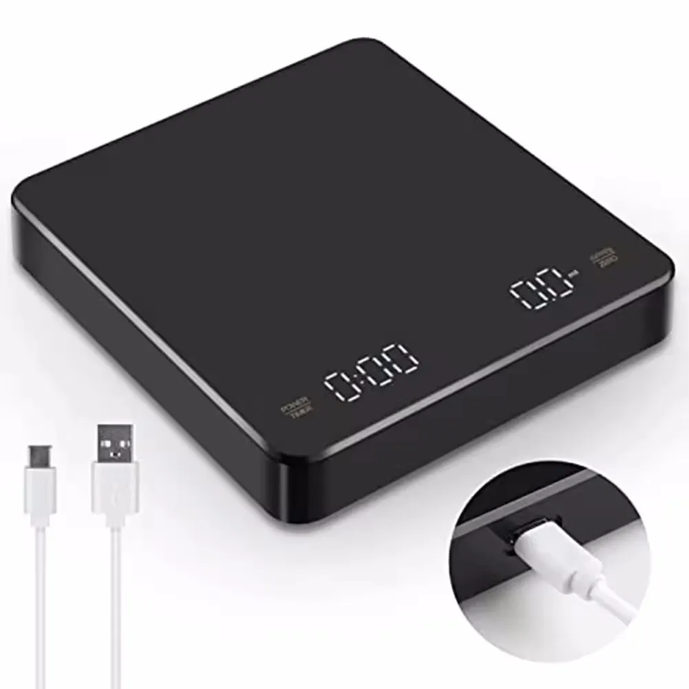 

E5 Digital Rechargable Coffee Scale with Timer LED Screen Espresso USB 3kg Weighing 0.1g High Precision Measures Kitchen Scale
