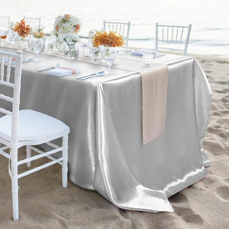 

Серебристая атласная скатерть прямоугольной формы из гладкой шелковой ткани для рождественского ужина, свадебной вечеринки, банкета, украшения стола (1 шт.)