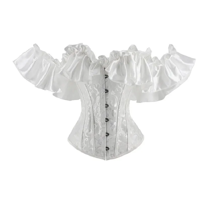 Plus Size Women Corset Satin Jacquard Overbust Corselet Gothic Vintage Victorian Sexy Costume Shirt Tops Short Sleeve