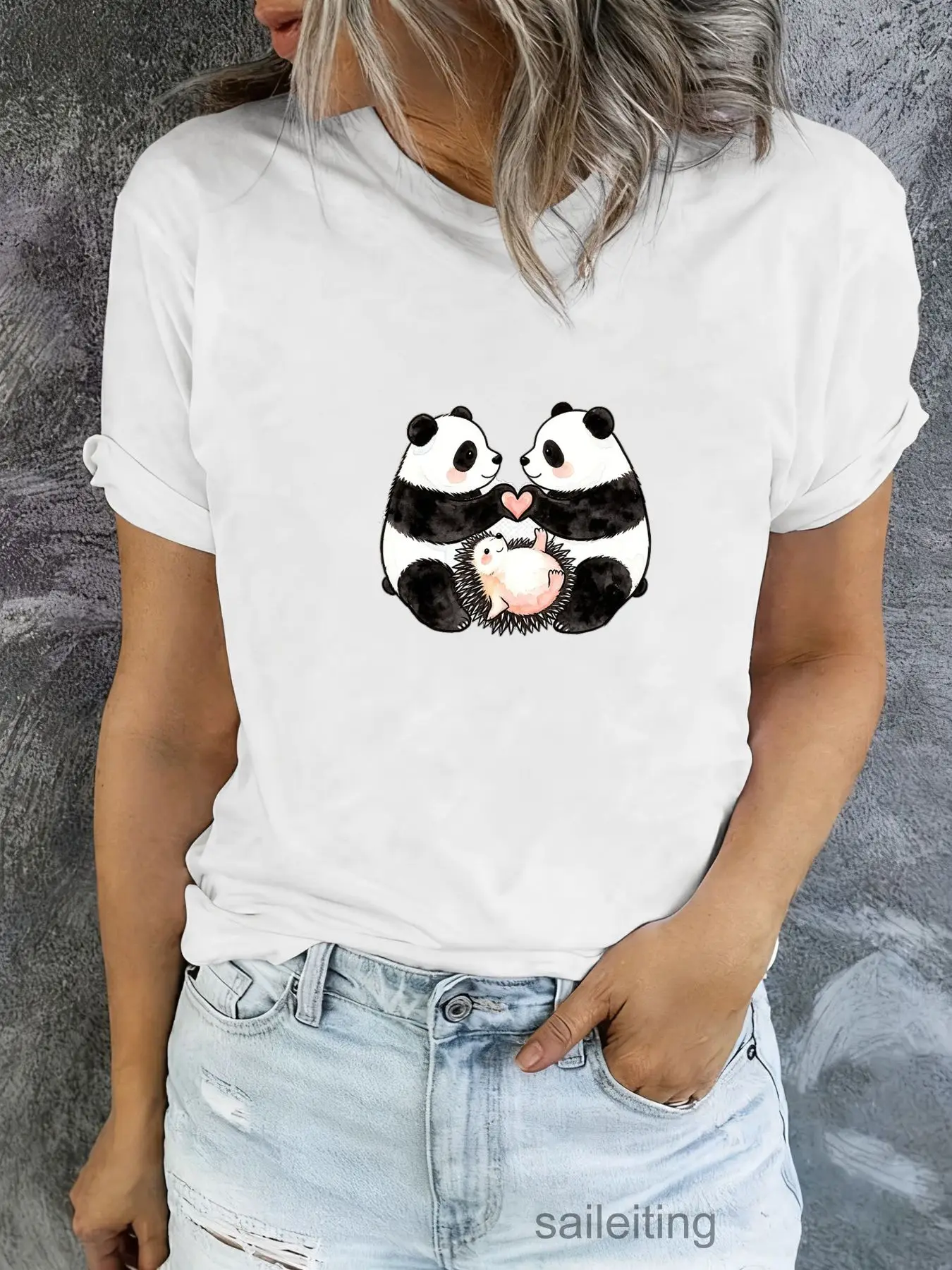Cute Cartoon Panda Family T-Shirt - Soft Short Sleeve Tee with Rolling Sleeves, Black and White Print, Summer Breathable Casu