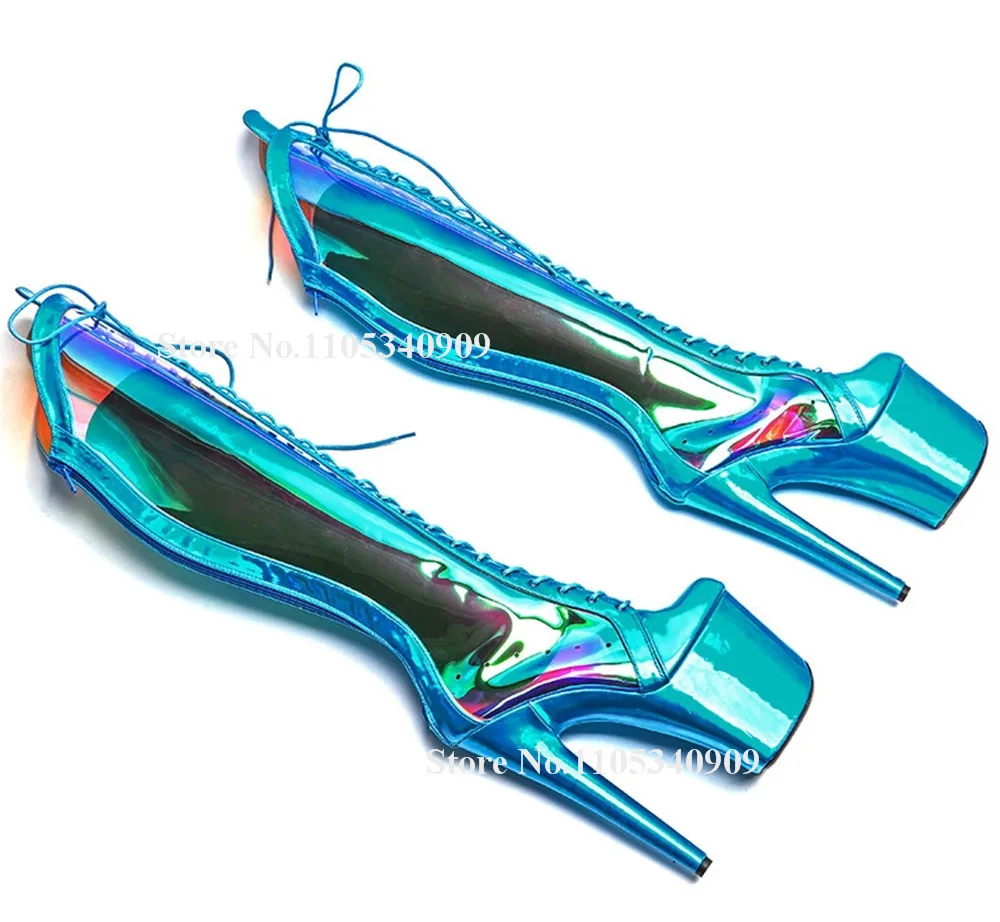 

Bondarenko Shining Blue Patent Leather Patchwork PVC Thin Heel Over Knee Boots Round Toe Lace-up High Platform 20cm Dance Shoes