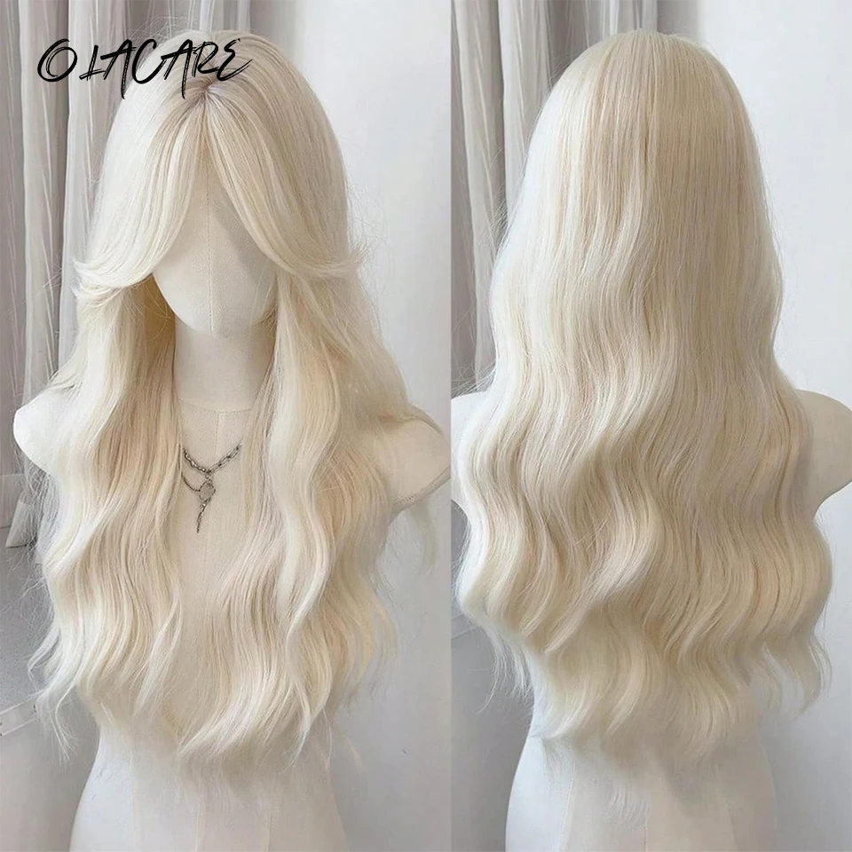 OLACARE Brown Blonde Long Water Wave Hair Lolita Wigs Middle Part Synthetic Wig For Women Fashion Thick Curls Wigs Girl
