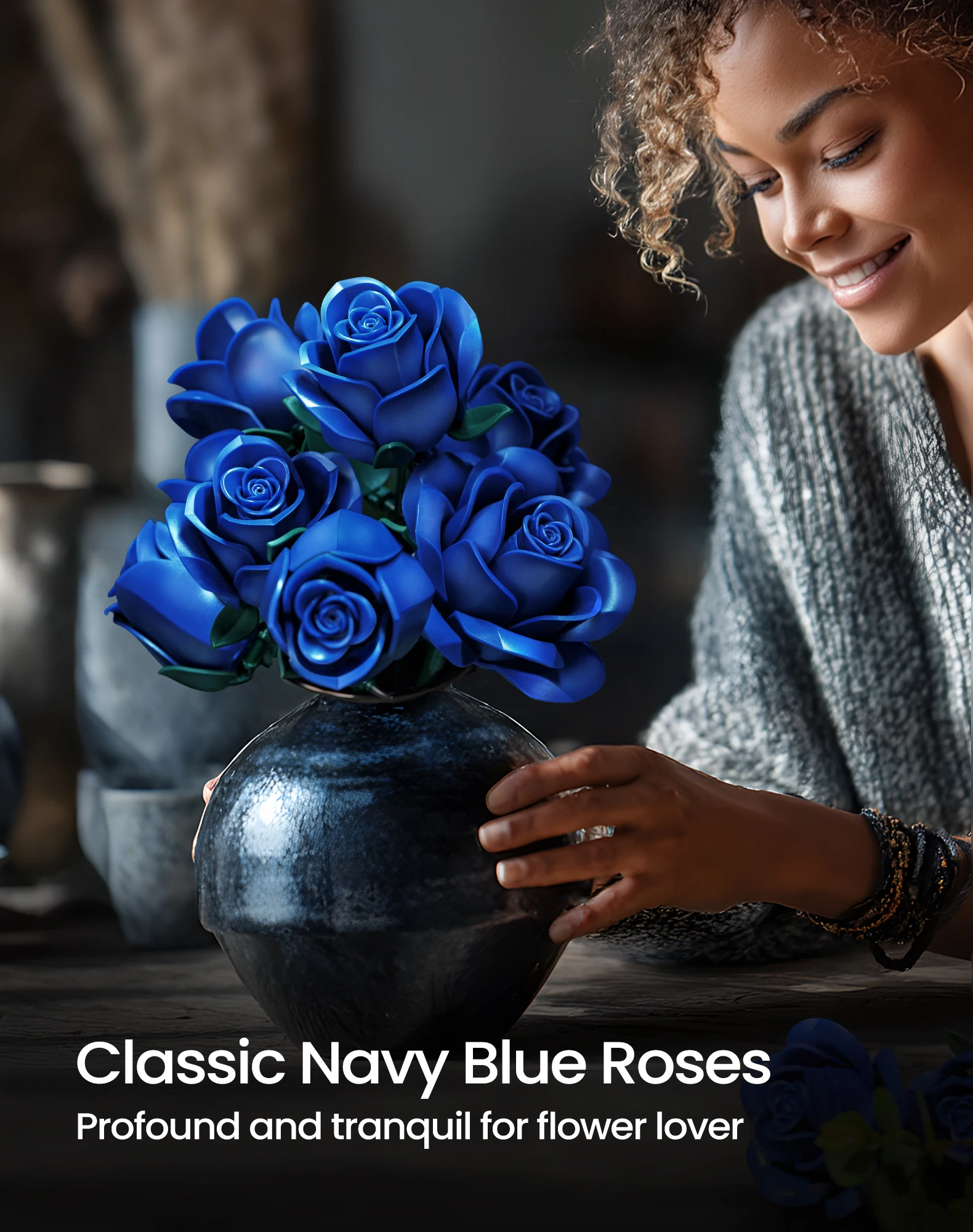 Blue Rose Bouquet Building Blocks Set Artificial Flower Bricks Model Botanical Collection Desktop Ornament Home Decoration Gift for Adult