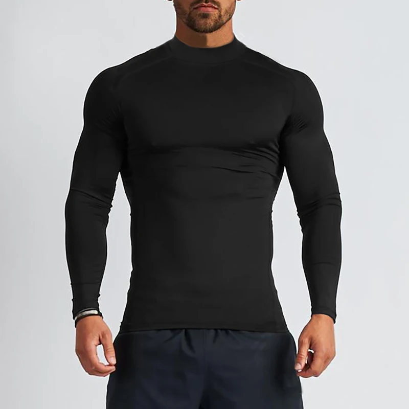 Turtleneck Compression Shirt Men Long Sleeve Gym Clothing Autumn Tight Fitness T Shirt Quick Dry Bodybuilding T-Shirt Muscle Tee