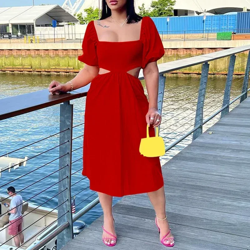 

GUWU Lantern Short Sleeve U-neck Cutout A-line Women Dress Summer Street Elegant Casual Red Blue Black Dresses