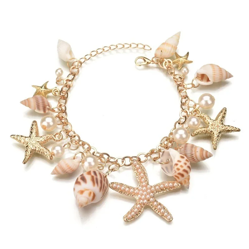 Cute Sweet Starfish Shell Conch Bracelet for Women New Personality Fashion Pearl Summer Beach Jewelry Holiday Party Accessories