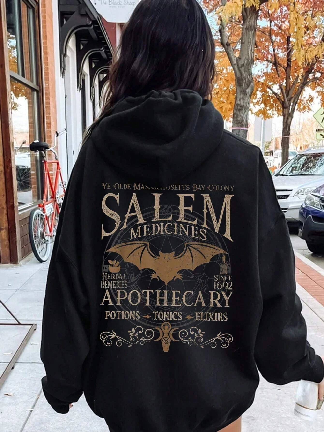 

Salem Bat Printed Sweatshirt Womens Soft Versatile Halloweenhooded Warm Fleece Pocket Hoodies Comfortable Oversize Streetwear