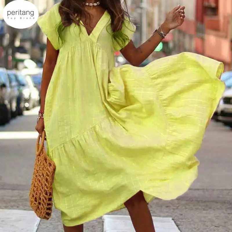 

V-neck Ruffled Short Sleeve Women's Dress Casual Streetwear Femal Long Dresses Summer 3XL Ladies Sundress Female