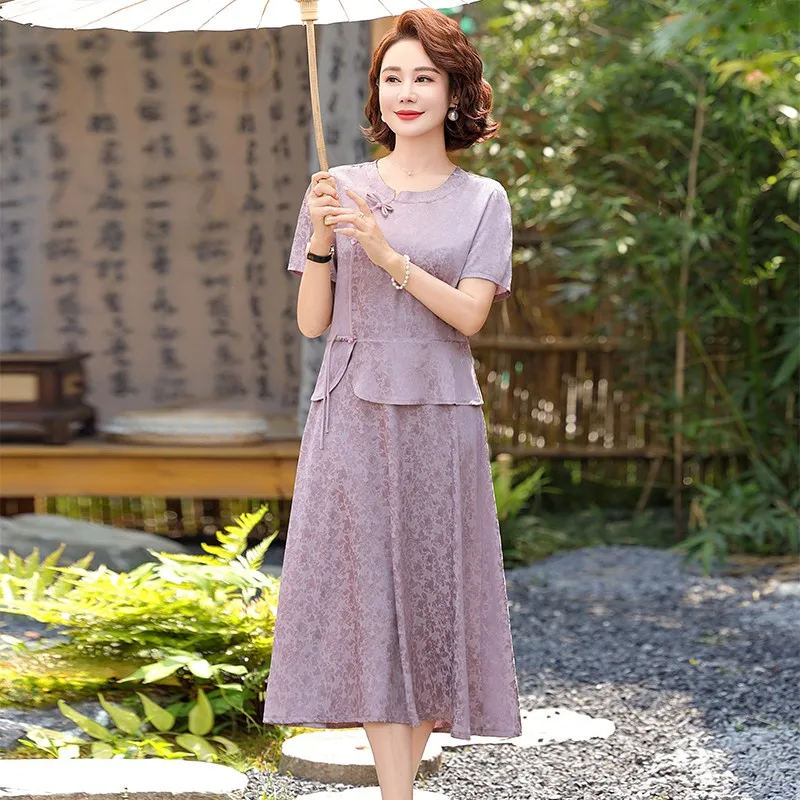 Female Solid Color Floral Mulberry Silk Midi Dres Spring Summer Elegant Patchwork Dress Vintage Casual Party Dresses