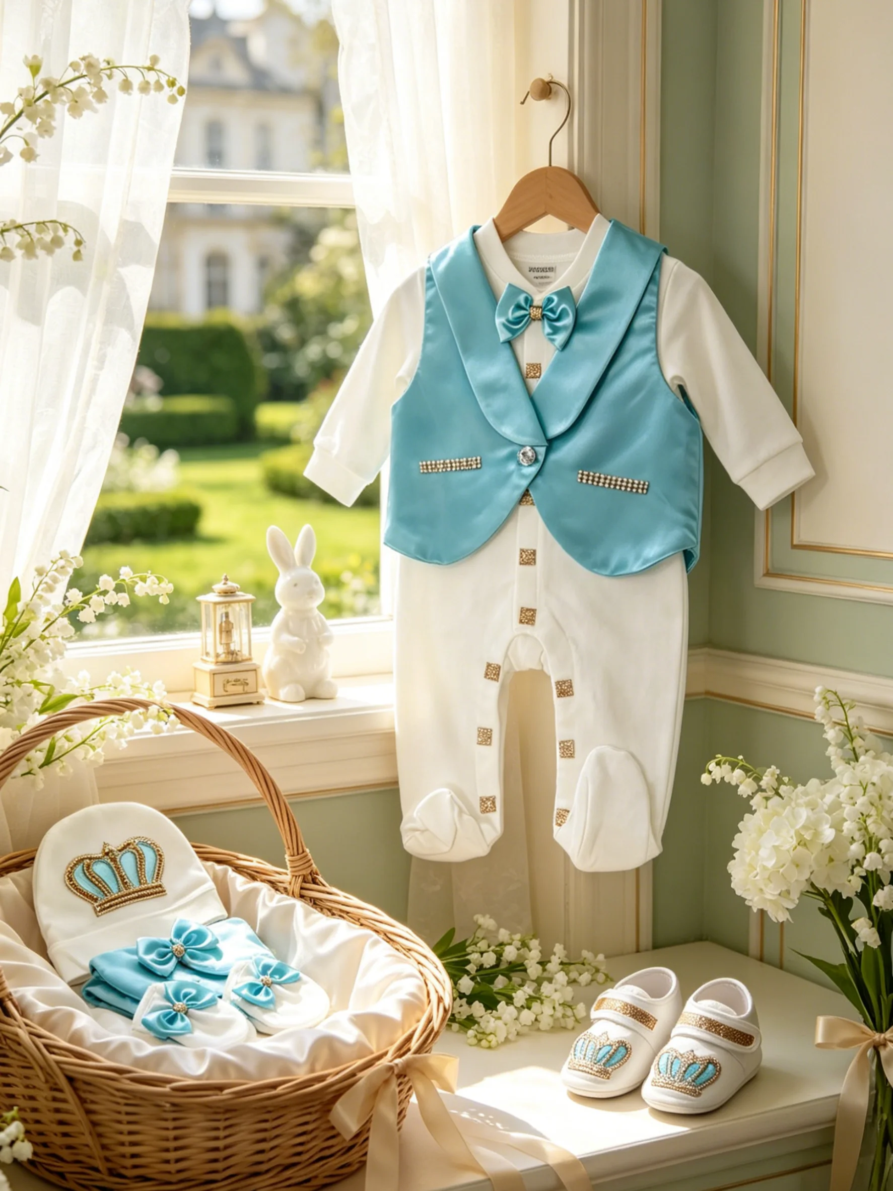 turquoise-blue-satin-vest-rhinestone-crown-baby-formal-suit-0-9-months-5pcs-white-footed-romper-baptism-gift