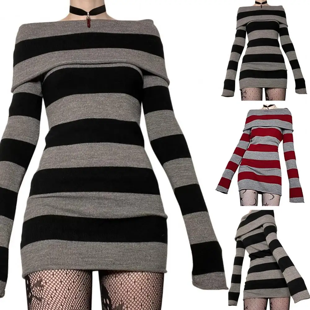 Maglione a righe Mini abito Mall Goth Grunge Emo Bodycon Chic donna Off spalla manica intera abiti Slim Fit 00s Vintage