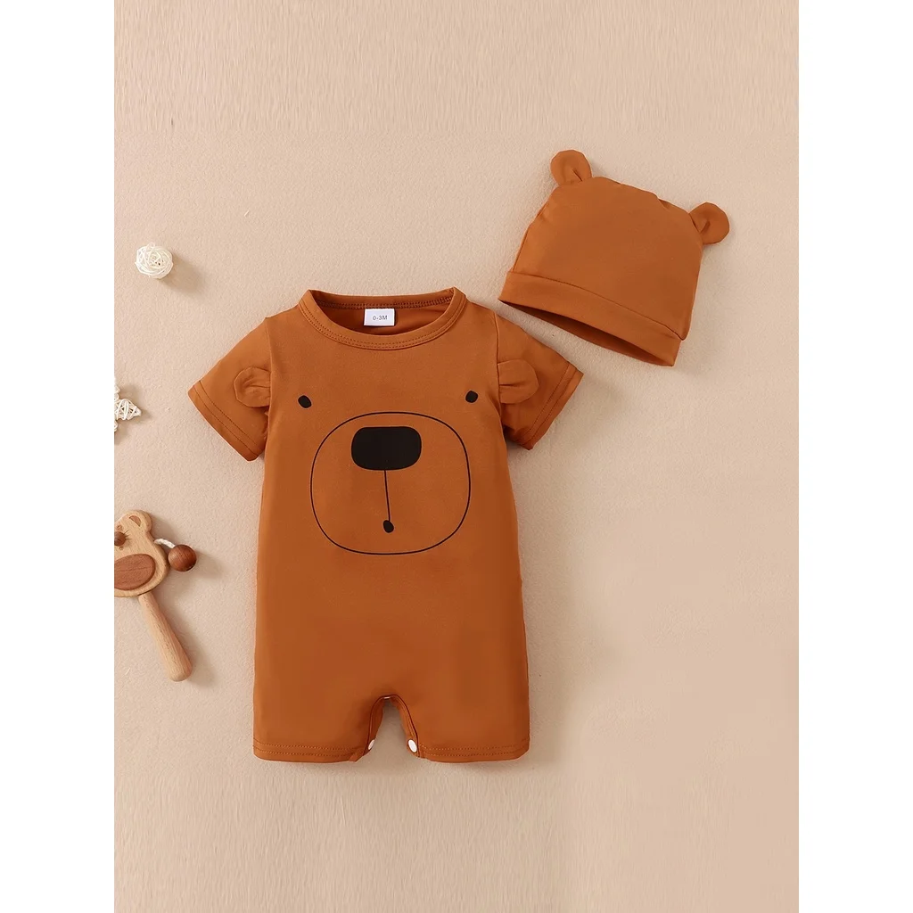 Baby Boy 0-18 Months Romper Newborn Baby Clothing Cute Bear Short Sleeves Bodysuit with Hat 2PCS Summer Infant Baby Boy Jumpsuit