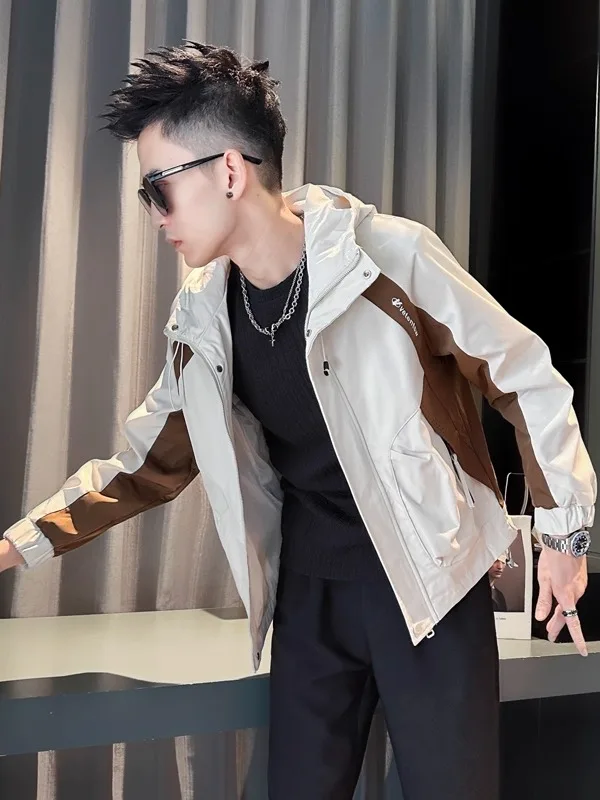 

Spring Autumn New Sle Men's Hooded Jaet Casual Faion Windproof Color Blo Polyester Fabric Zipper Decoration Slim Fit