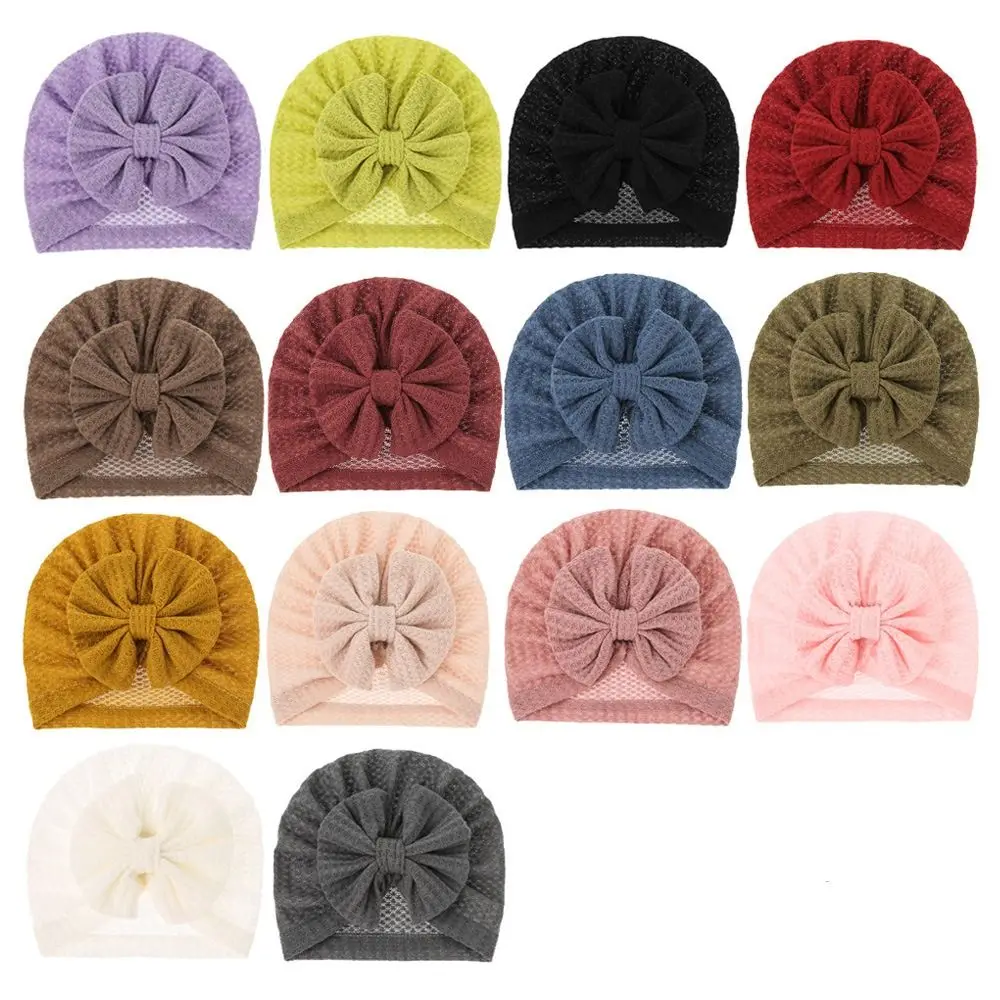 New Ribbed Bow Turban Hat Breathable Elastic Pullover Cap Solid Color Photography Props Beanies Cap for Baby