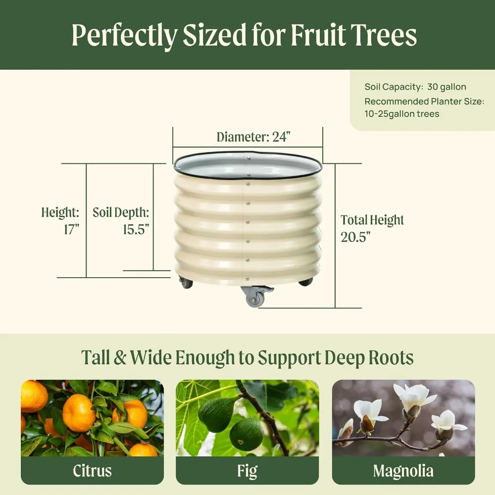 Rolling Metal Planter Pot 24in Round 30 Gallon with Wheels for Patio Garden