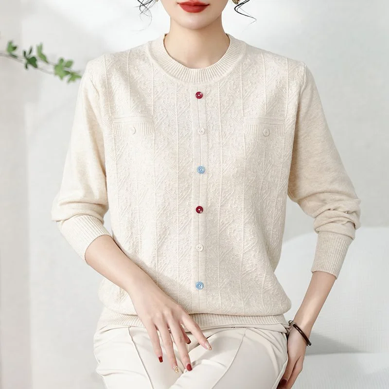 

Middle-aged Elderly Women's Loose Round Neck Sweater Loose Tops Mother's Long Sleeves Inner Wear