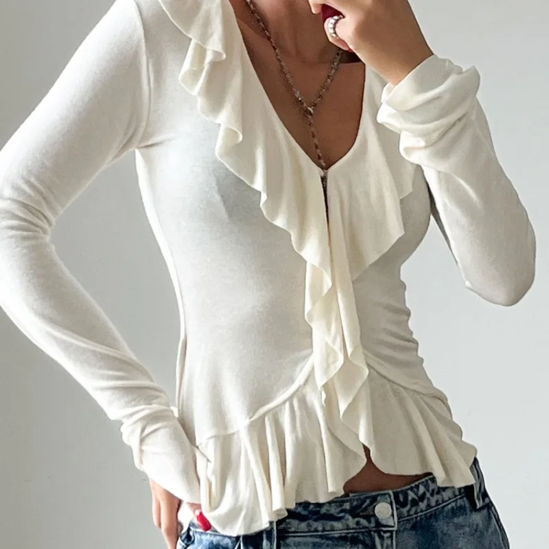 Women 2026 New Hot Selling French Style V Neck Long Sleeve Knit Top Slim Fit Elegant Design Niche Ruffle Blouse Trendy Chic Hit