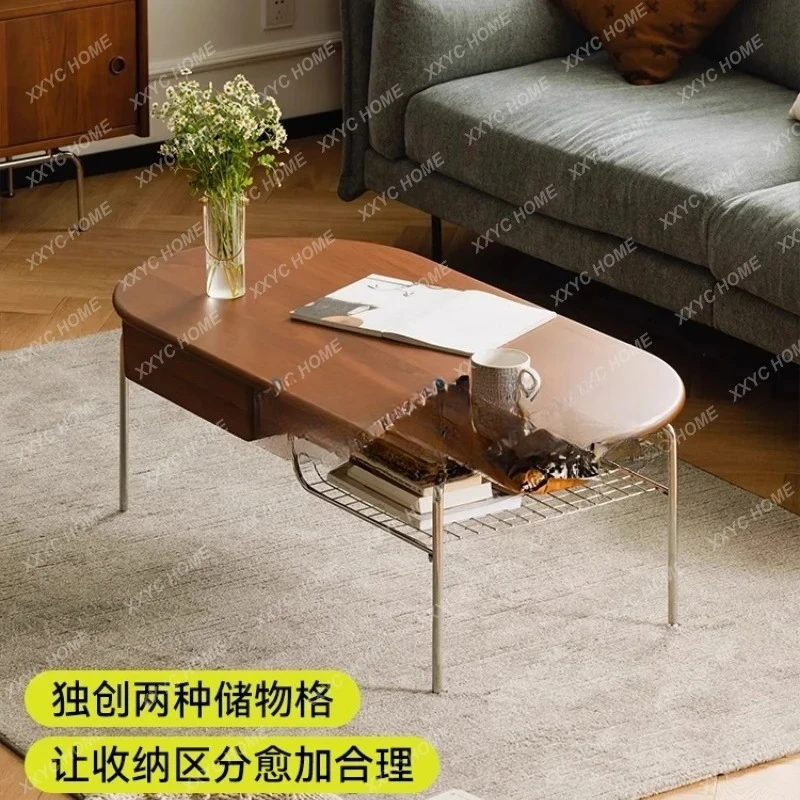 

Coffee table small apartment living room solid wood minimalist, stainless steel retro, long oval tea tableEsmt163