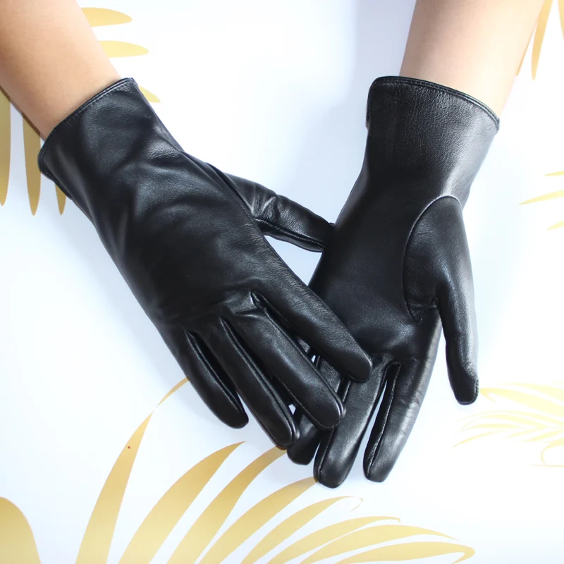 Bickmods New Women Black Fashion Touchable No Inside Straight Style Genuine Leather Sheepskin Thin Section Gloves