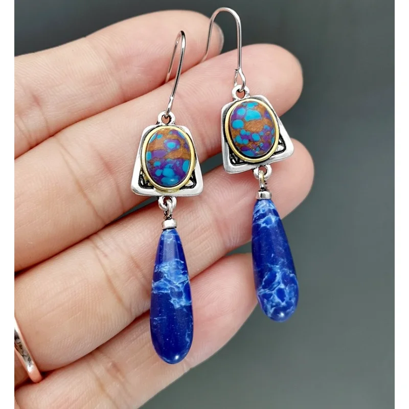 Bohemian Style 925 Silver Needle Natural Lapis Lazuli Stone Dangle Hook Earrings Wedding Engagement Earrings for Women