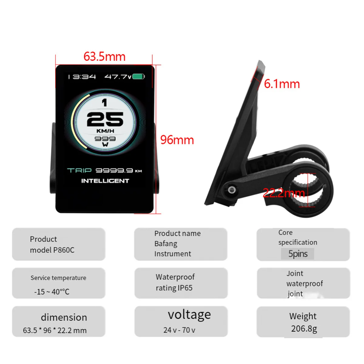 Ebike Display P860C 860C LCD Display Waterproof Connection Plug for Mid Hub Motor Electric Bicycle Kits