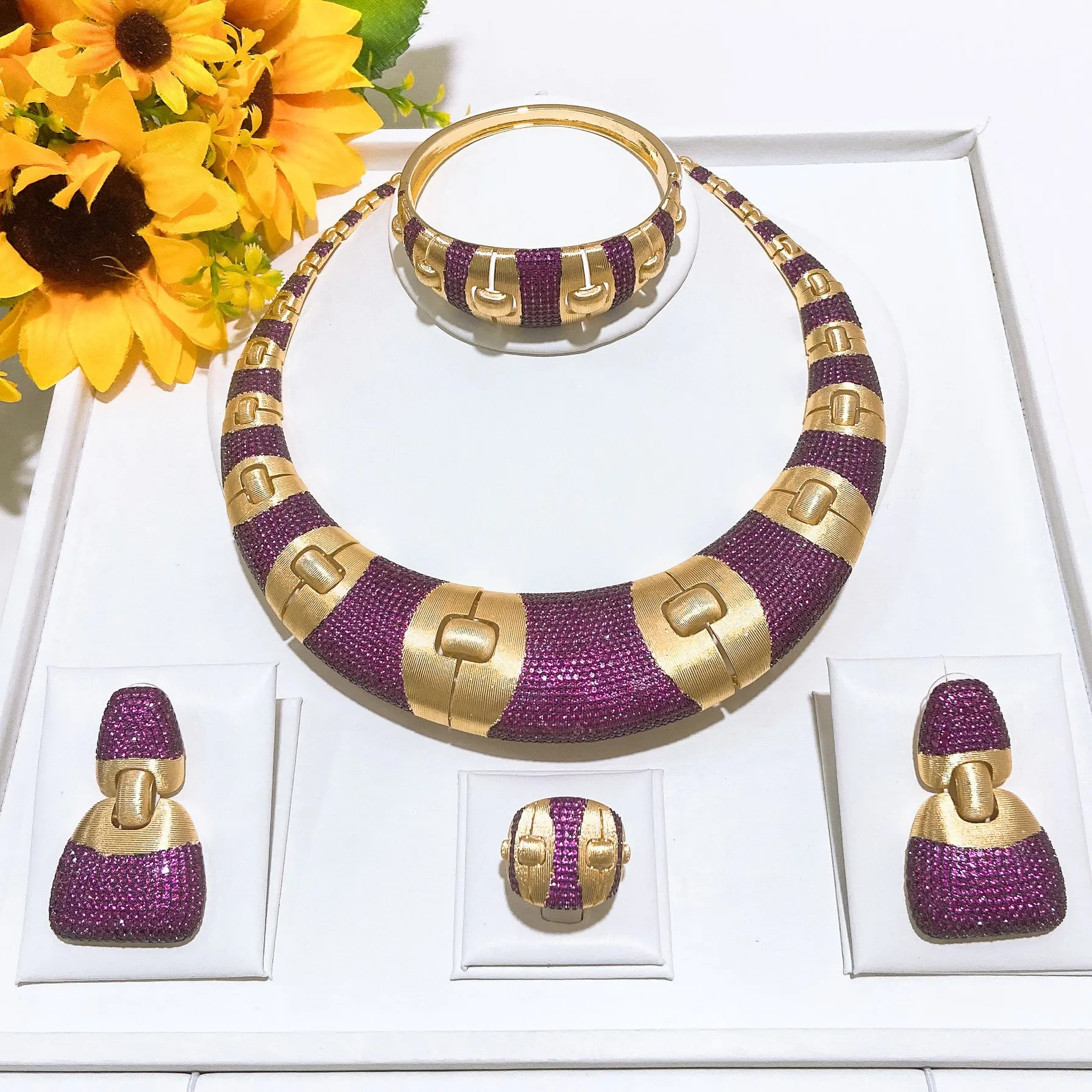 New Come Stud Shiny Simple Elegant American Pink Zirconia Jewelry Set Beautiful Necklace Bracelet Earrings Ring Set For Wedding