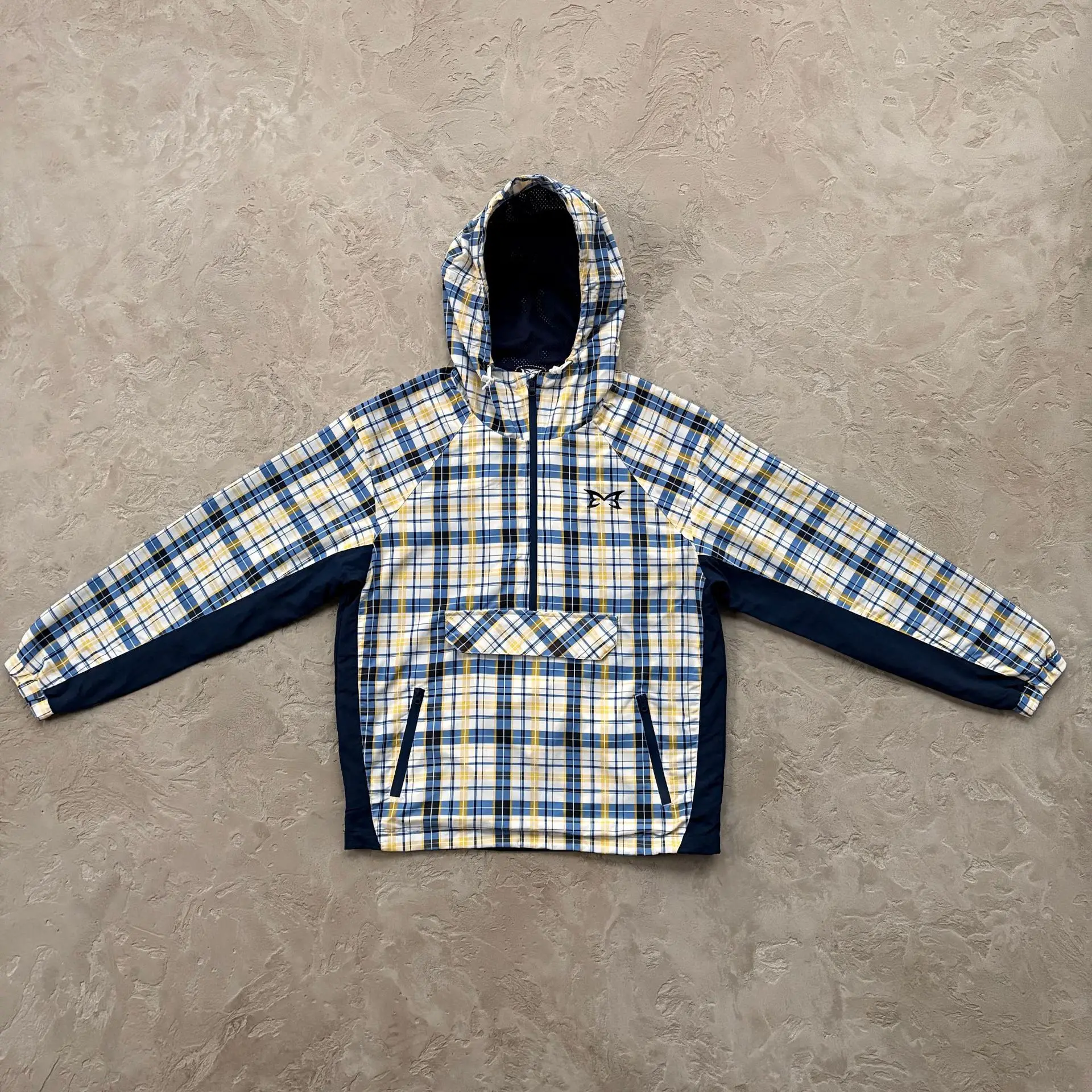 Red Plaid Half Zip Hooded Windbreaker Men Color Block Patchwork Anorak Jacket Oversized Streetwear Check Outdoor Windproof Coat