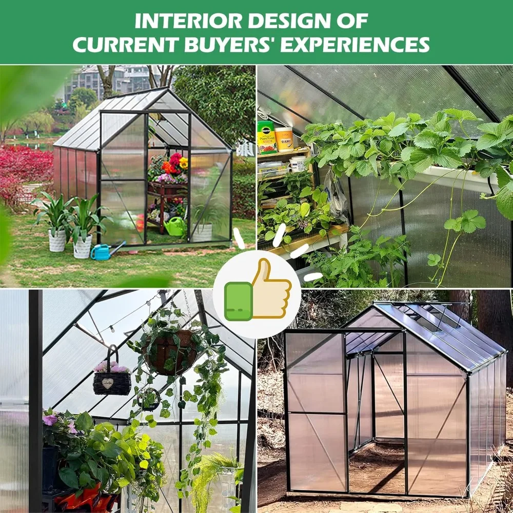 6x6x10 FT Heavy-Duty Greenhouse with Polycarbonate Panels, Sliding Door, Hinged Roof Vents, and Rain Gutters