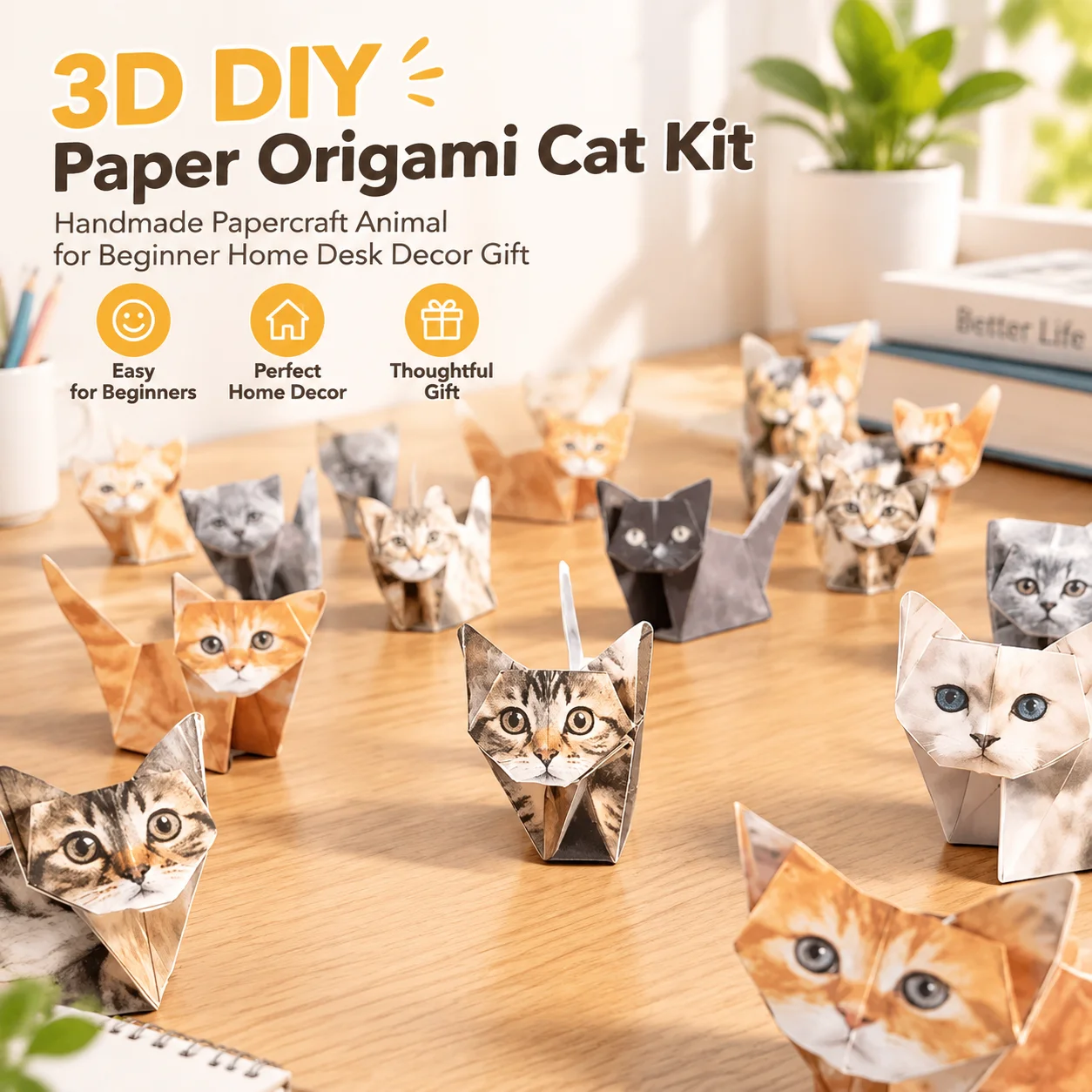 3D DIY Paper Origami Cat Kit Handmade Papercraft Animal for Beginner Home Desk Decor Gift