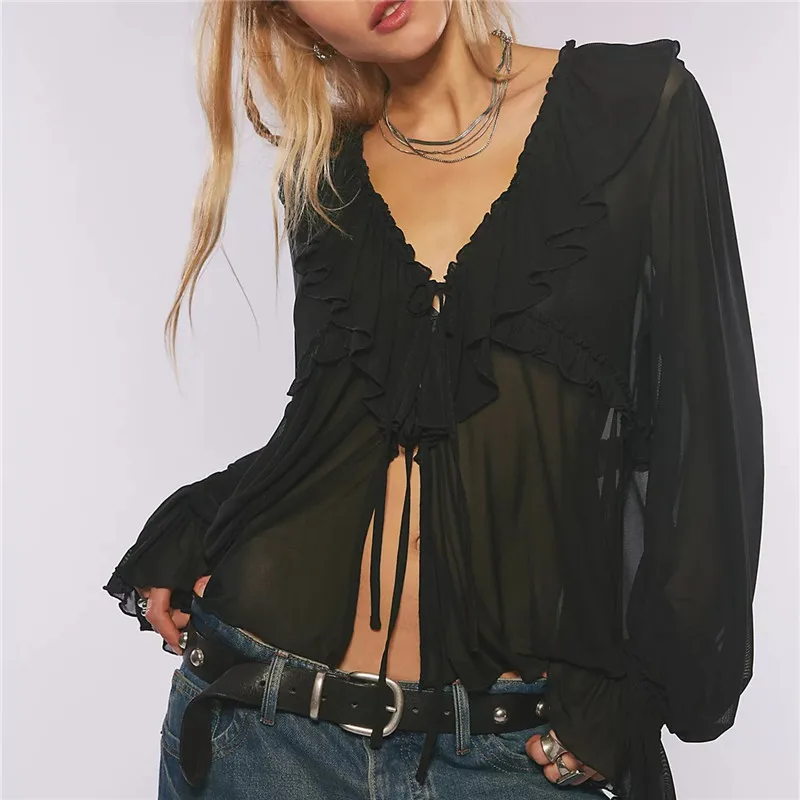 Sheer V Neck Bat Sleeve Oversized Poncho Top for Women Y2K Solid Color Grunge Mesh Loose Blouse