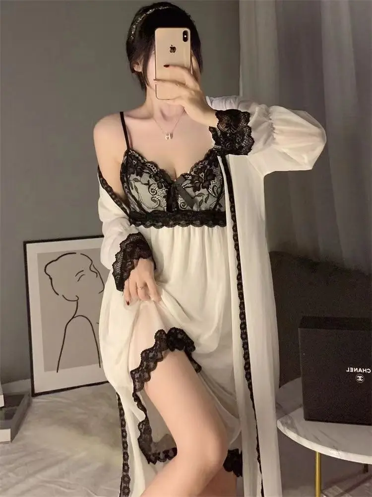 Hot Women Sexy Sling Lingerie Nightwear Robegown Set Babydoll Attractive Sexy Lace Mesh Dress Female 2 Pcs Pajamas Home Clothing