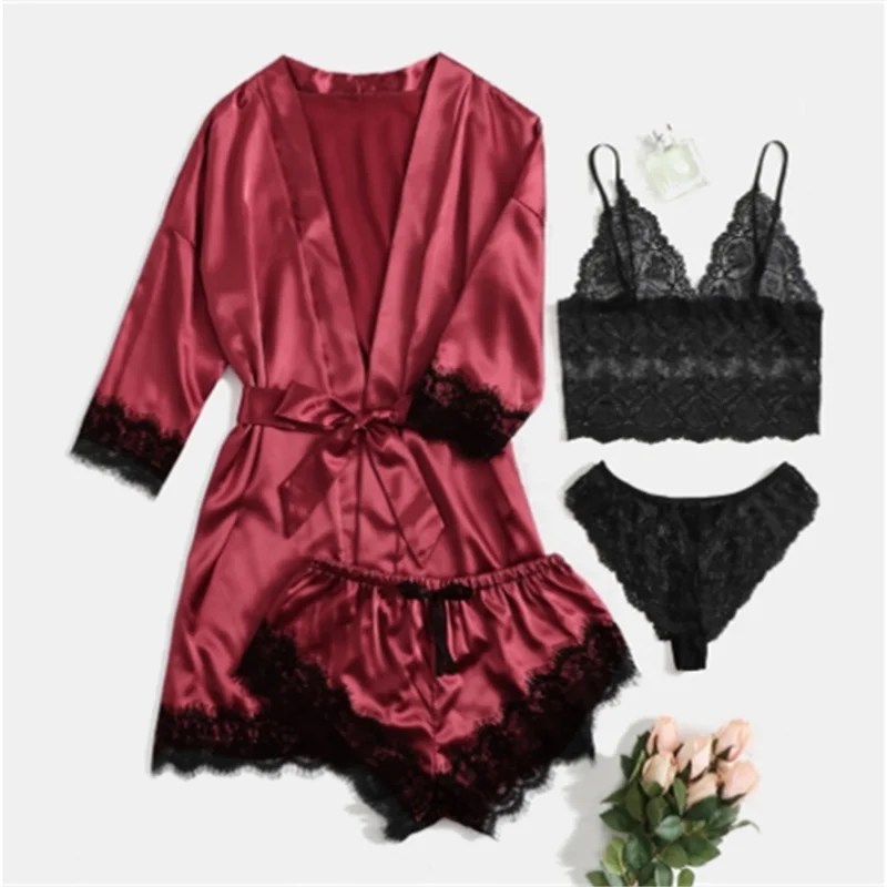 Summer Hot Selling Women\'s Pajamas Set Lace Four piece Sling Set Casual Comfortable Pajamas