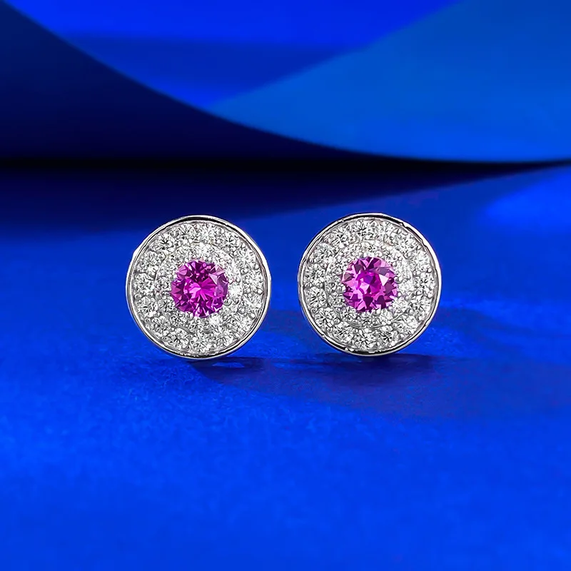 

New S925 Silver 4.0mm Round Pink Blue Treasure Nurturing Earstuds with Edge Wrapping Double Layer Wedding Jewelry