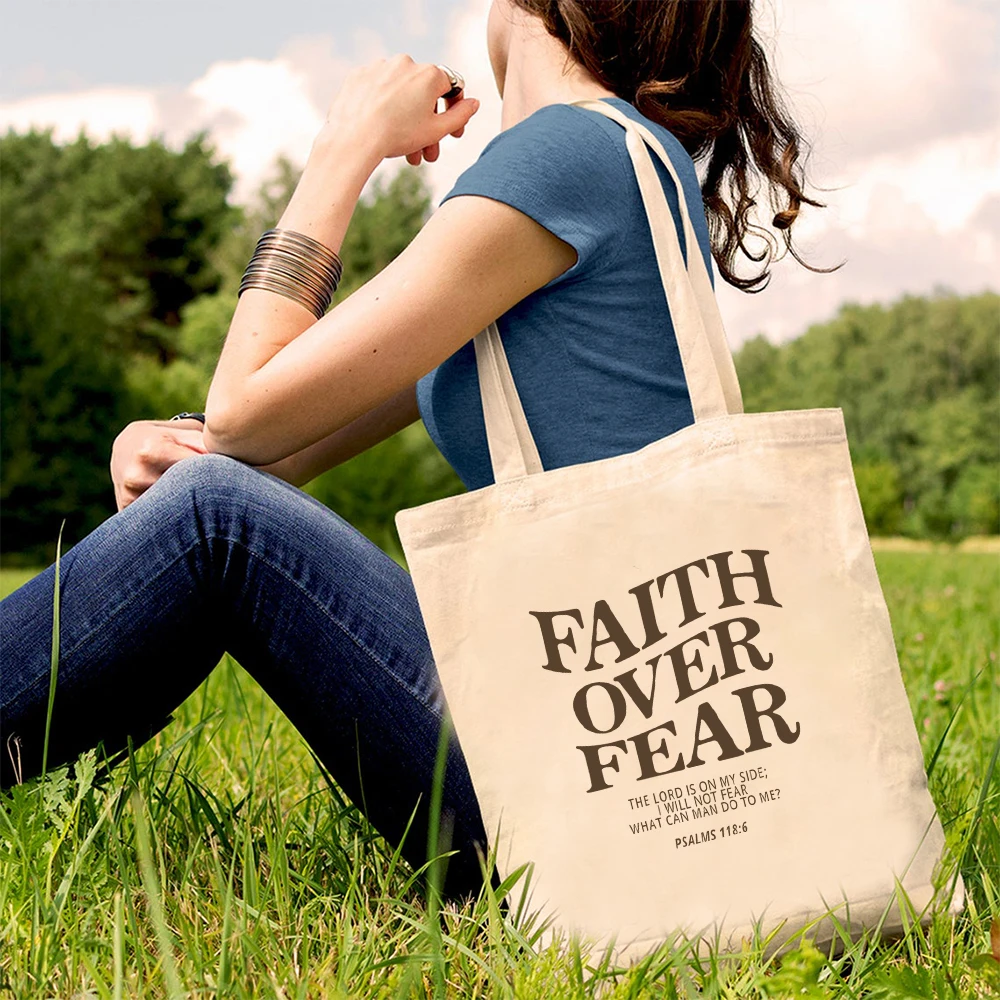 

Faith Over Fear Christian Tote Bag Women Christian Tote Bags Jesus Fashion Canvas Handbag, Bible Poetry Shopping Bag