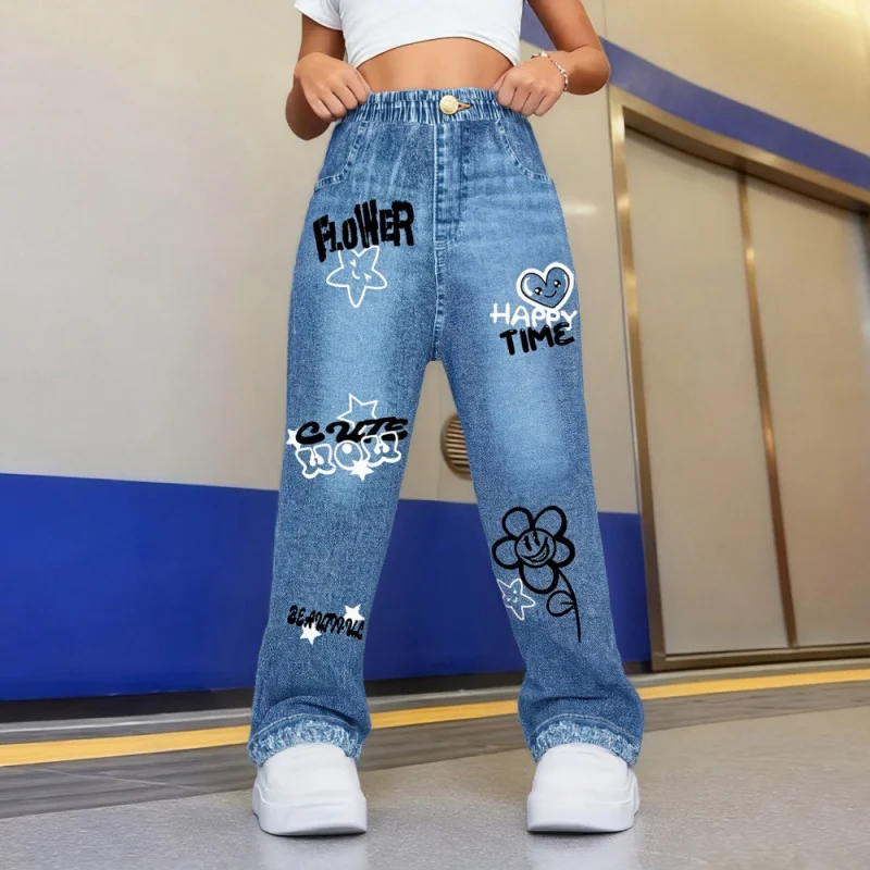 

2025 Girls Street Fashion Style, Daily Casual Wear, Soft Fabric Imitation Denim Trousers