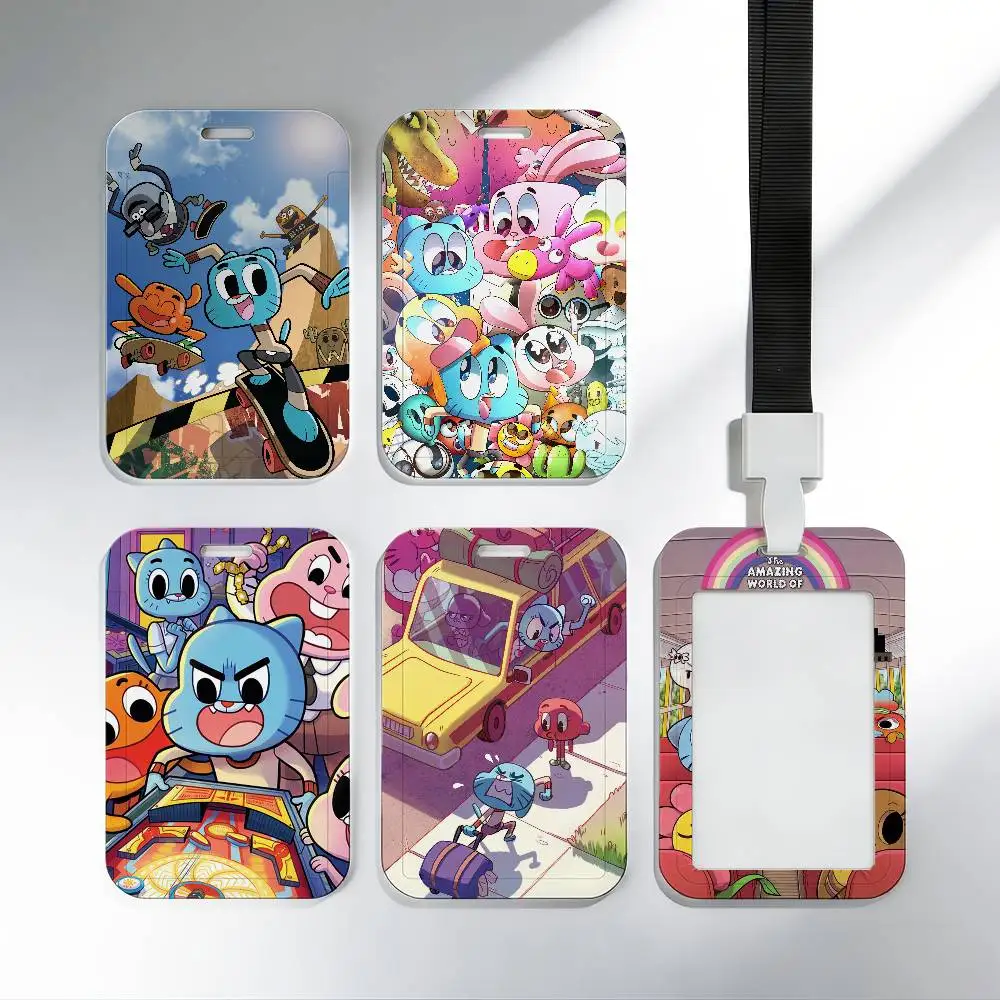 Amazing World Cartoon G-Gumball Black Nylon Lanyard Card Holder Set ID Preventing Loss