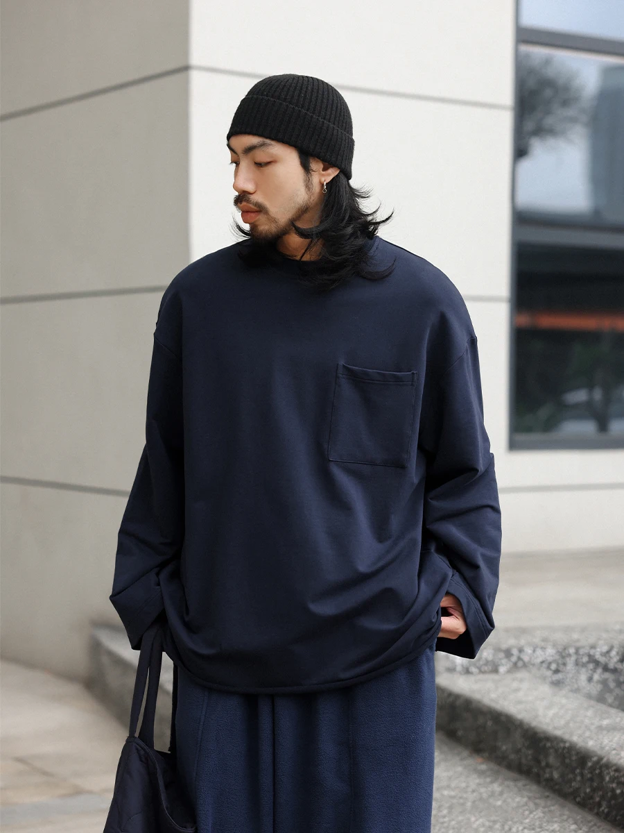 

Футболка Noears в стиле ретро, японский дизайн, с длинным рукавом, круглым вырезом, свободного кроя, с заниженной линией плеч, дышащая, из хлопка, молодежная, универсальная, на все сезоны