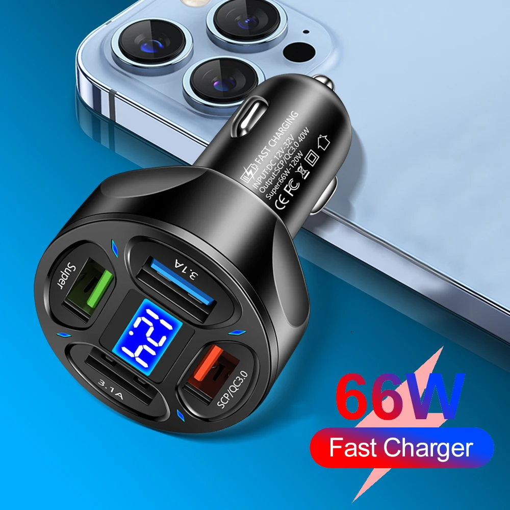 

66W Car Charger QC 3.0 with 4 USB Quick Charging 4-Port Sockets Voltage LED Display Cigarette Lighter Adapter for IPhone Xiaomi