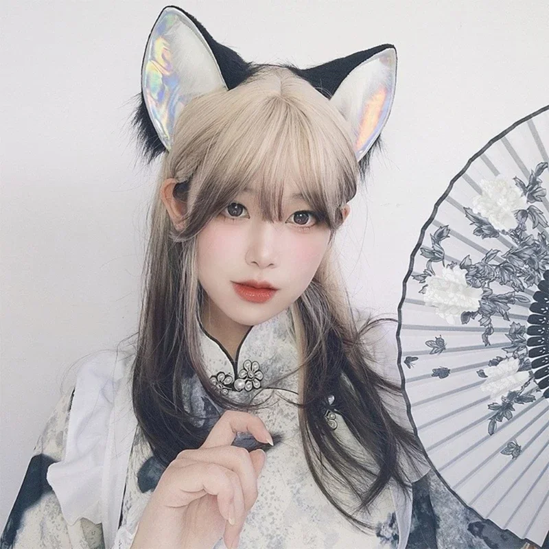 Cyberpunk Fluffy Fox Ear Headwear Future Technology Laser y2k Hair Accessories Cosplay Comic Show Props Accessories Headband