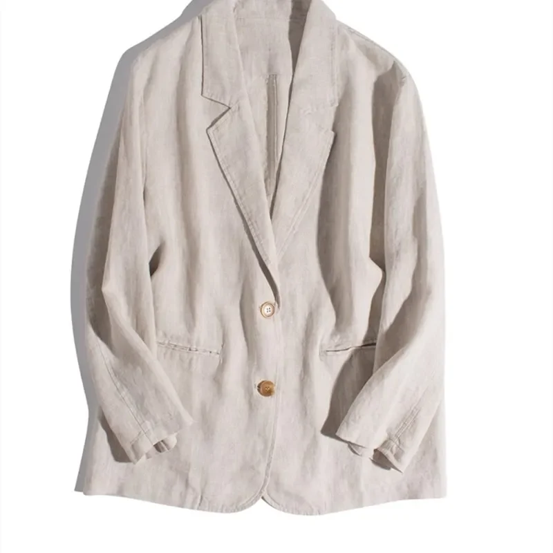 PopCotton And Linen Long Sleeve Suit Collar Top Suit Jacket Top Women's Autumn New Korean Style Artistic Loose Plus Size Elegant