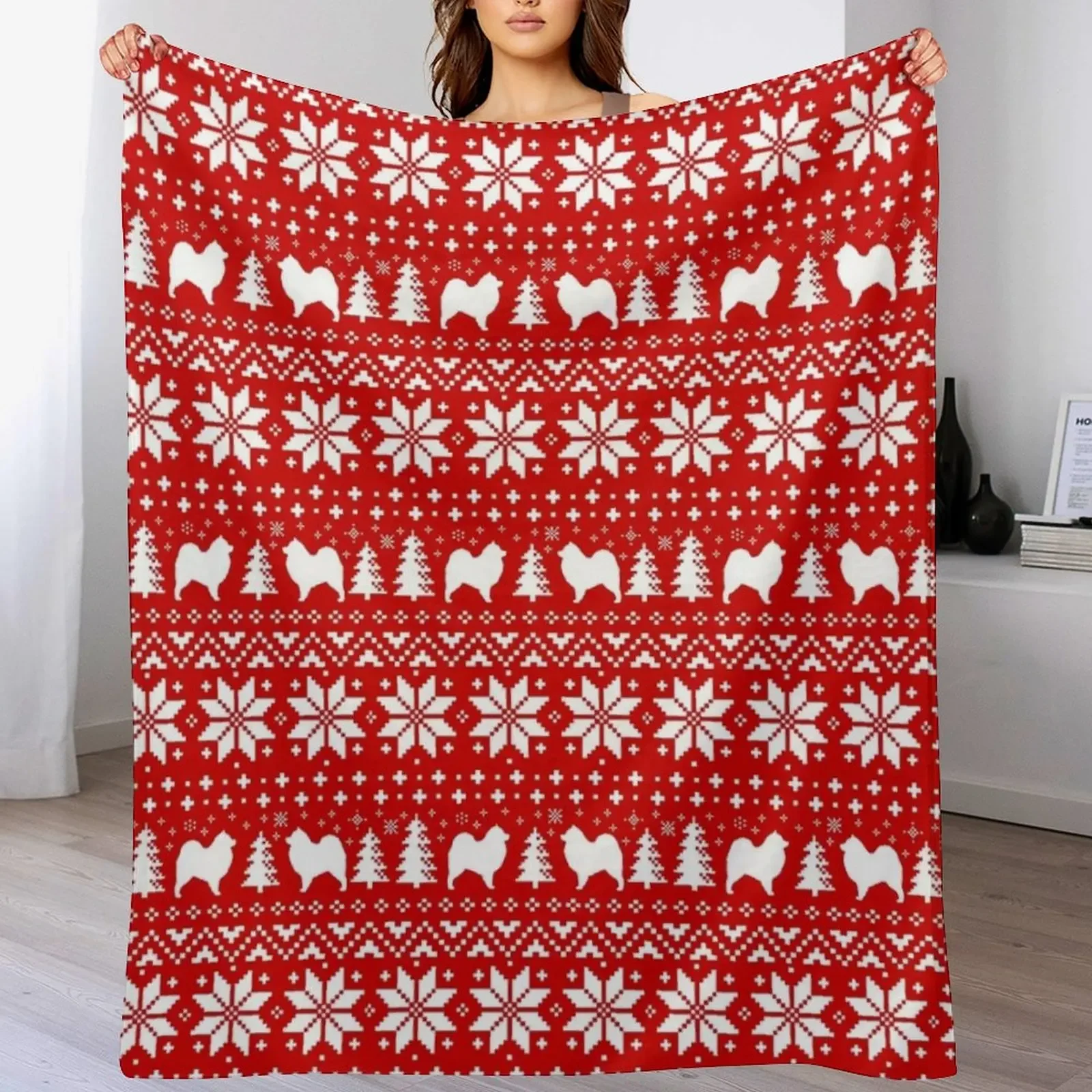 Samoyed Dog Silhouettes Red and White Christmas Holiday Pattern Throw Blanket Soft Warm Blanket Gift for Grandparents