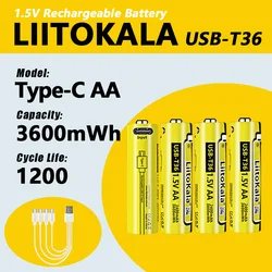 Liitokala USB-T36 1.5V AA 3600mWh Li-Ion Rechargeable Battery 1200 Cycle Type-C AA 2400mAh Battery with 4-in-1 USB Cable