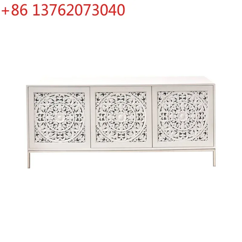 

Nanyang wind solid wood carving flower TV cabinet hollow white living room locker