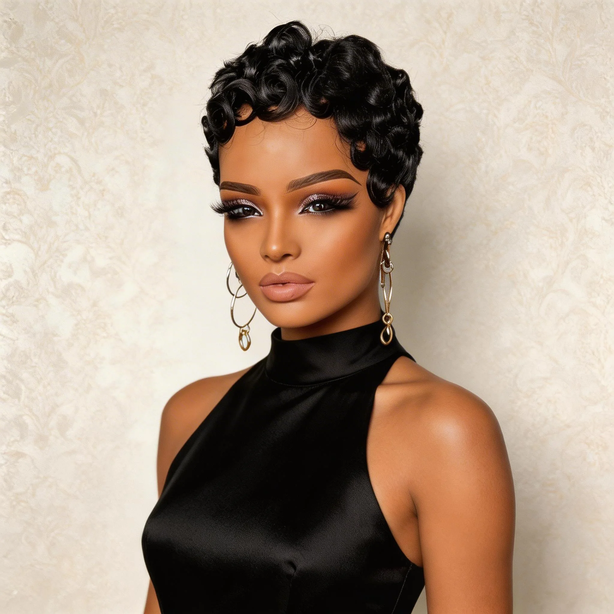 

WIGERA Short 4inch Black Synthetic Straight Pixie Cut Water Wave Curly Hair Bob Cheap Wigs With Bangs Hair For Black Women