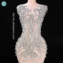 (1PC) Luxury black crystal rhinestone bodice applique patch hand sewn for wedding prom evening dress WDD1405