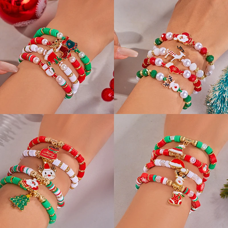 4Pcs/set Merry Christmas Tree Santa Claus Bracelet For Women Xmas Deer Polymer Clay Beads Woven Bracelet New Year Jewelry Gift