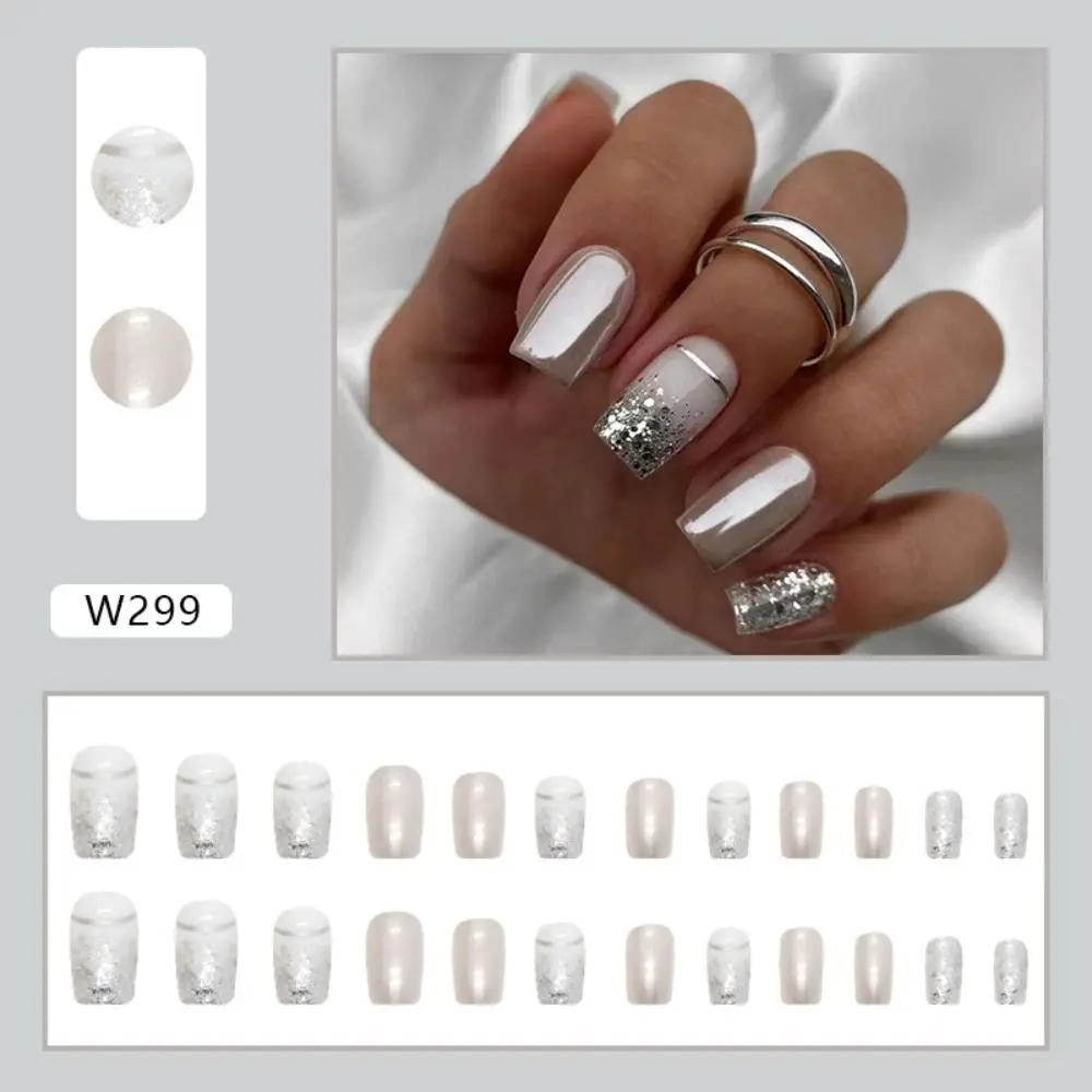 Simple French Fake Nail with Silver Glitter Powder Design Short Square Head False Nails Wearable Finished Manicure Press on Nail