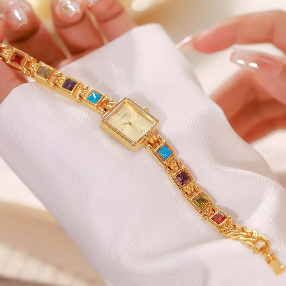 BS New Women's Quartz Watch Vintage-Inspired Square-Case Multi-Colored Gemstone “Rainbow” Luxury-Style Women's Watch FA1857