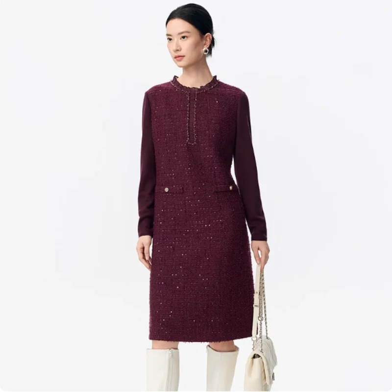 Naja Inverno 2025 Vestido Midi Elegante de Tule Floral com Efeito Emagrecedor, Bloco de Cores, Corte Reto, Moderno, com Fecho de Zíper