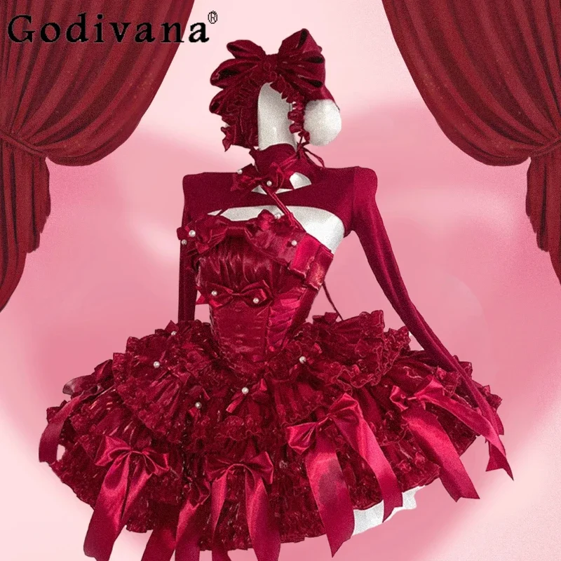 

Christmas Red Lolita Strapless Dress Women's Slim Big Bow Elegant Heavy Industry Birthday Party Evening Dress Ladies Short Dress